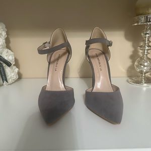 Gray stiletto pointy toe ankle strap pump